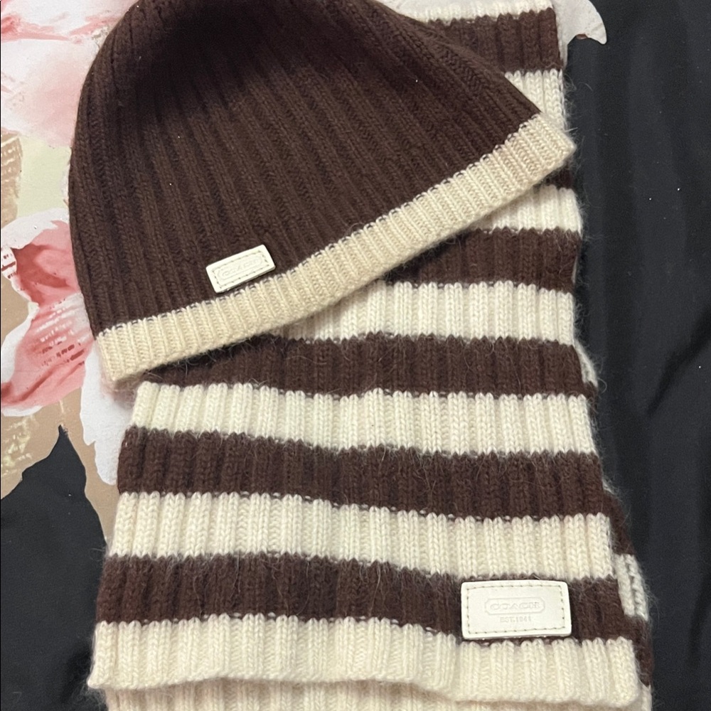 Coach Brown and Cream Striped Hat and Scarf Set